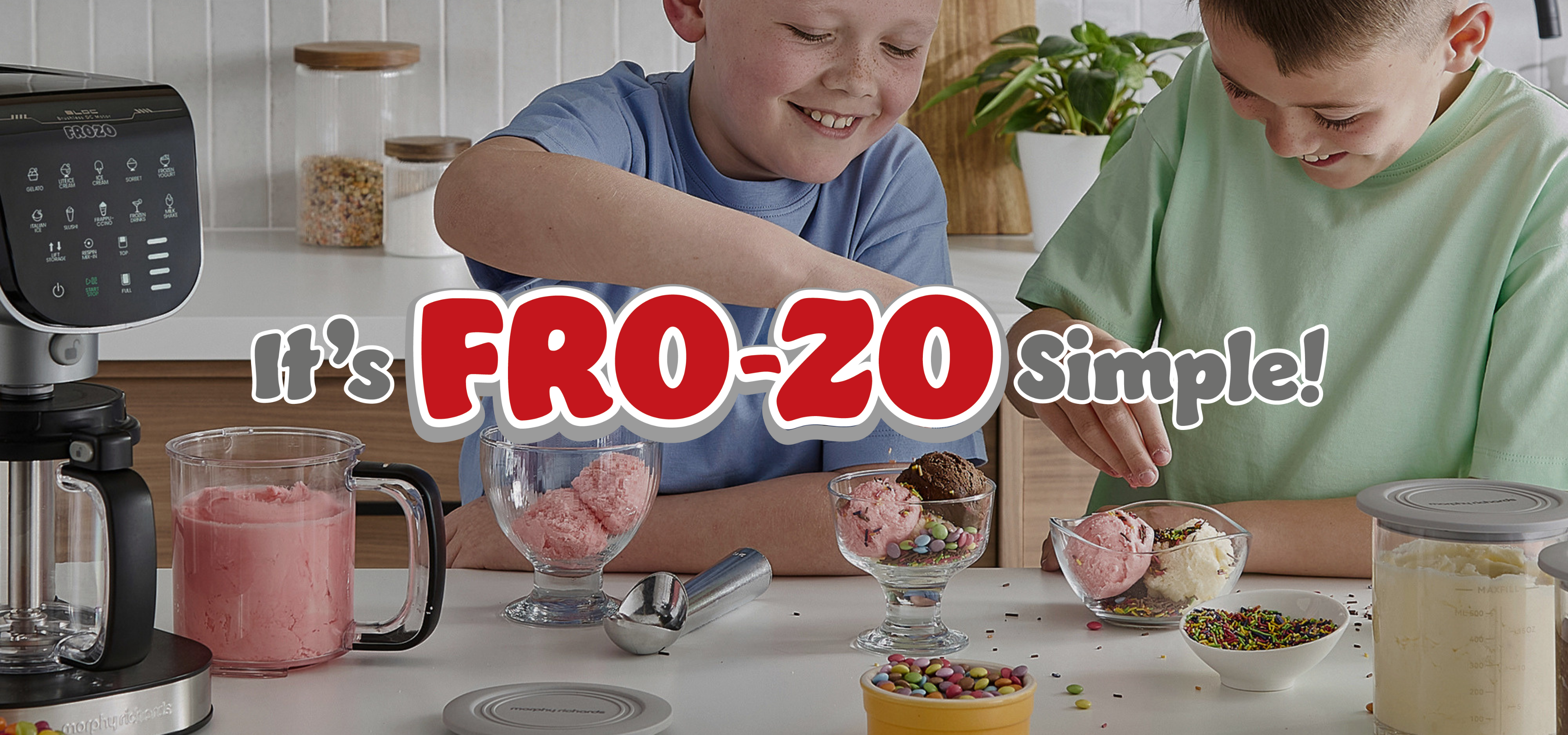 Morphy Richards ice cream maker in kitchen with children decorating icr cream