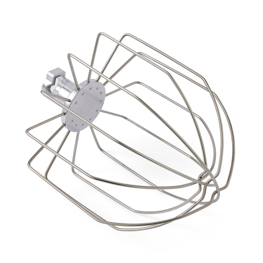Metal mixing attachment on a white background