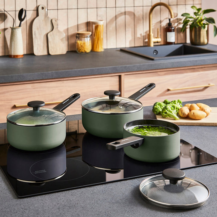 3 Piece Recycled Aluminium Saucepan Set - Green