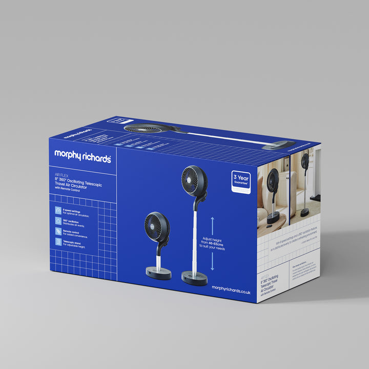 Morphy Richards fan packaging on a gray background
