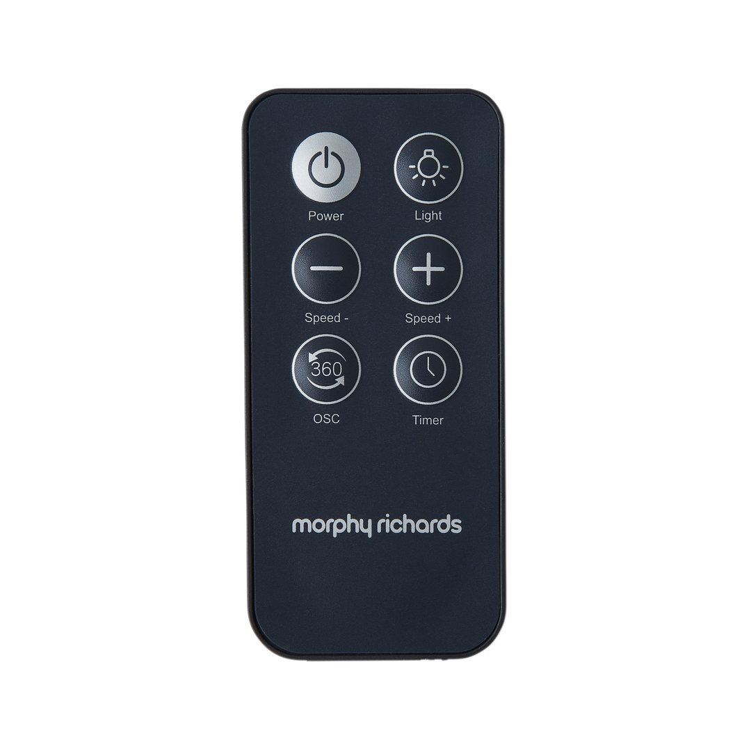 Black remote control with white icons and 'Morphy Richards' branding on a white background