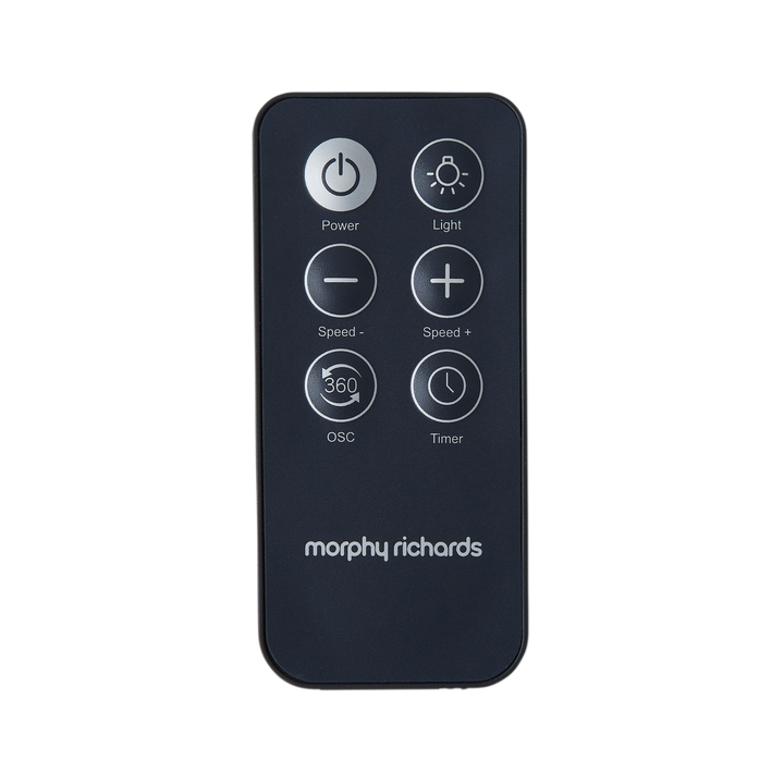 Black remote control with white icons and 'Morphy Richards' branding on a white background