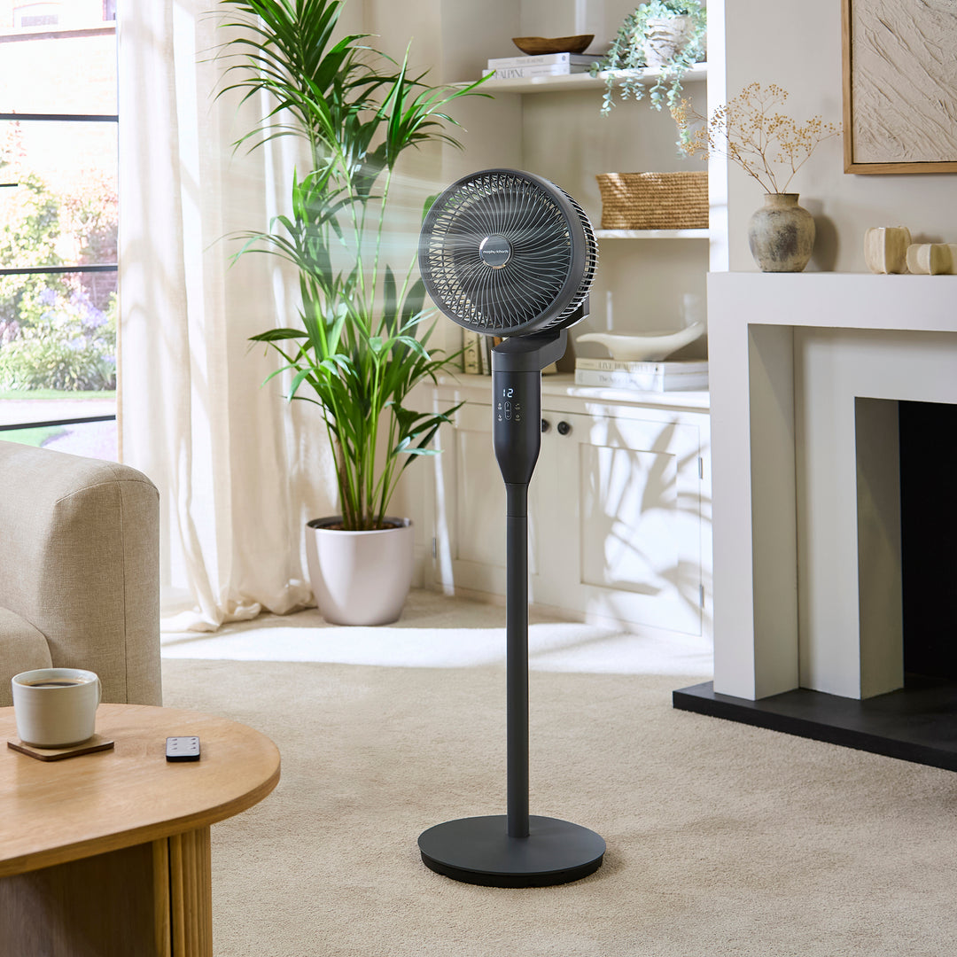Black stand fan in a living room setting with a plant and table.