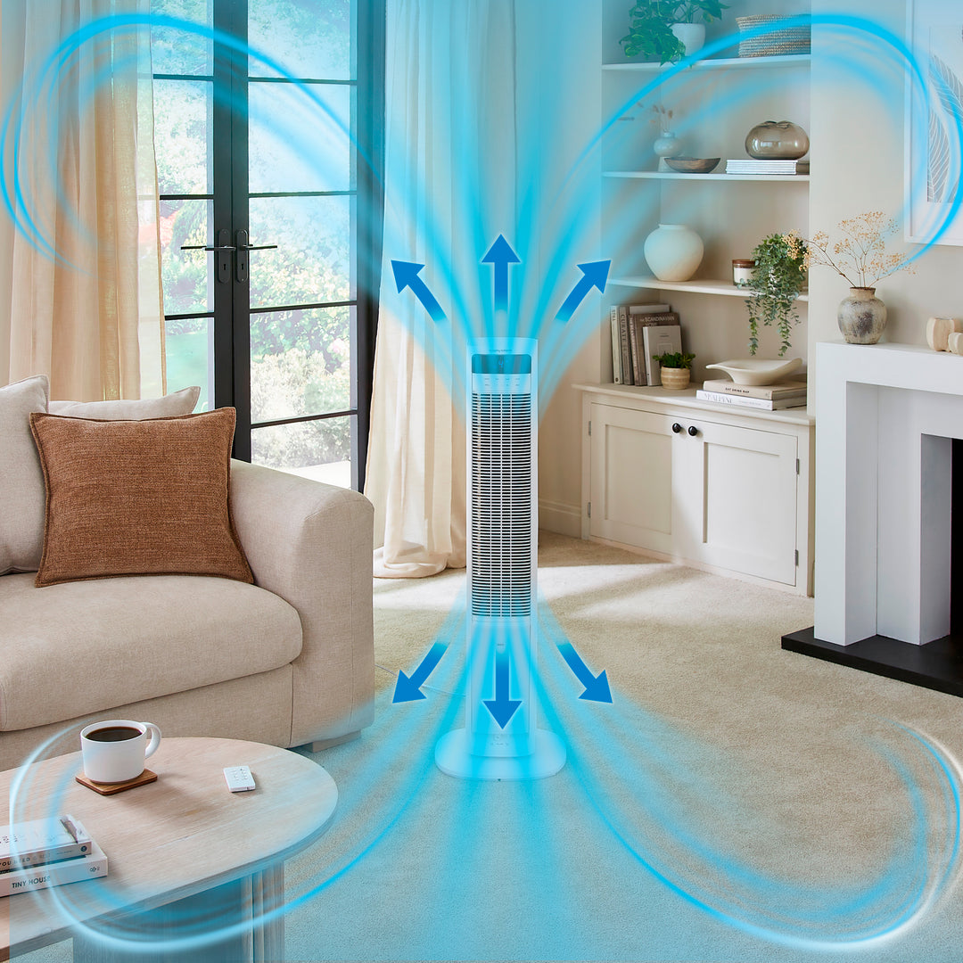 Air purifier in a living room with illustrated airflow