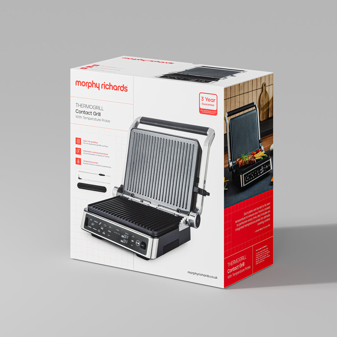 Morphy Richards thermogril contact grill packaging on a gray background