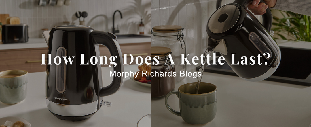 black kettle with text overlay 'how long does a kettle last' blog