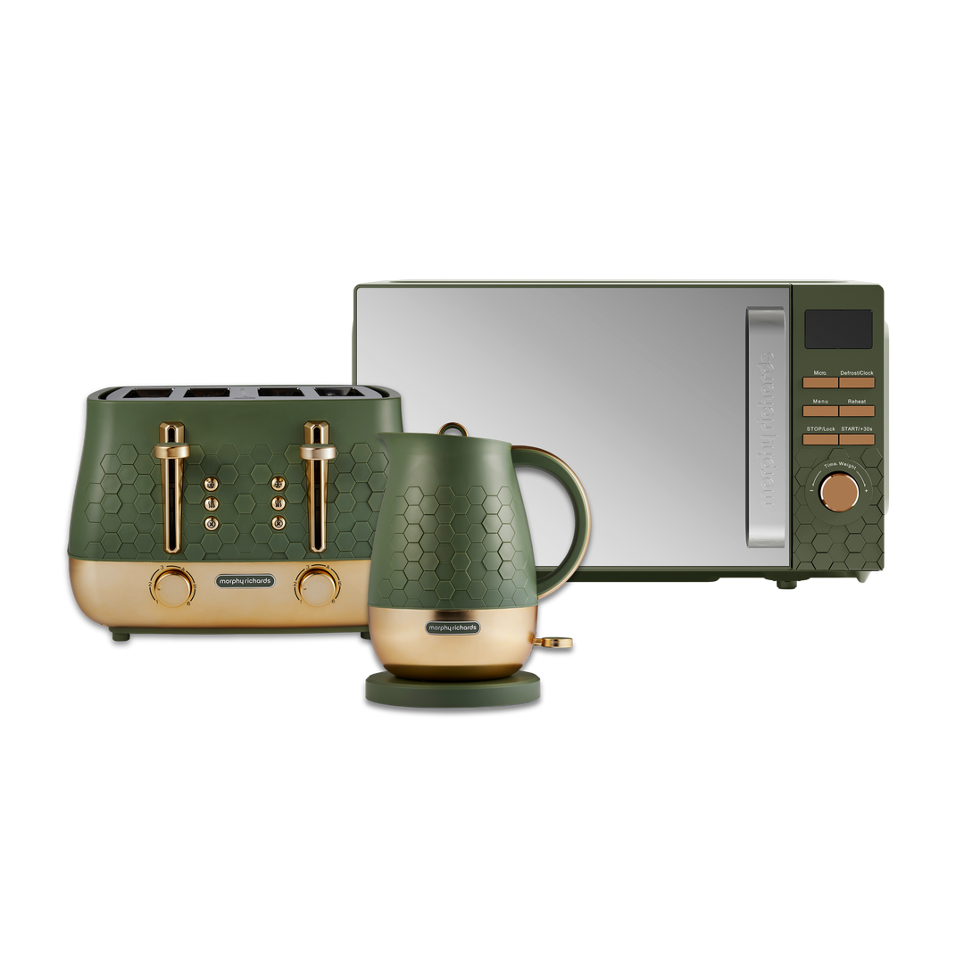 green kettle toaster and microwave set