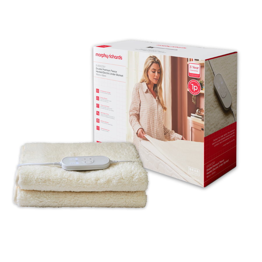 Electric blanket with packaging featuring Morphy Richards branding on a white background
