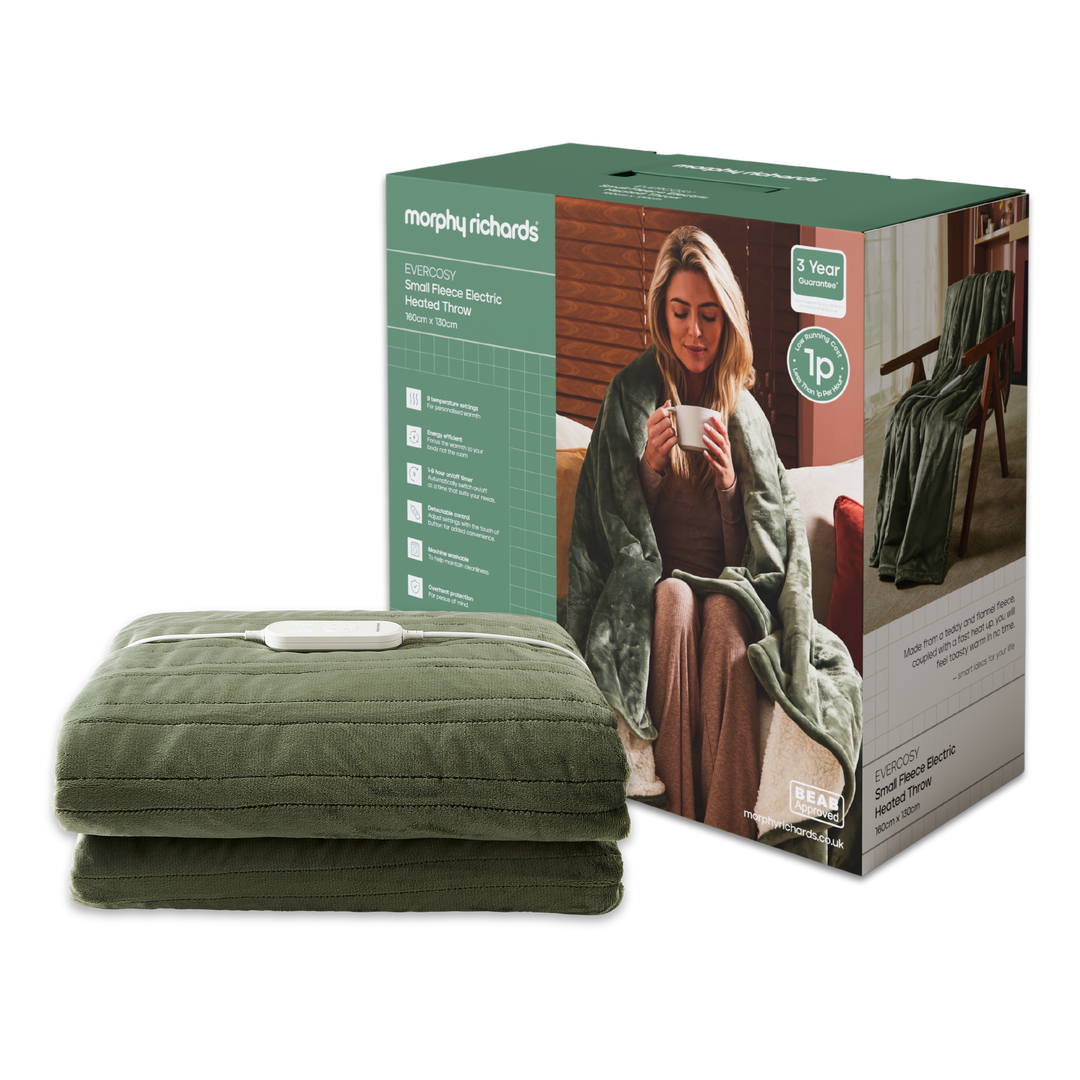 Morphy Richards Electric Heated Throw with a branded box on a white background