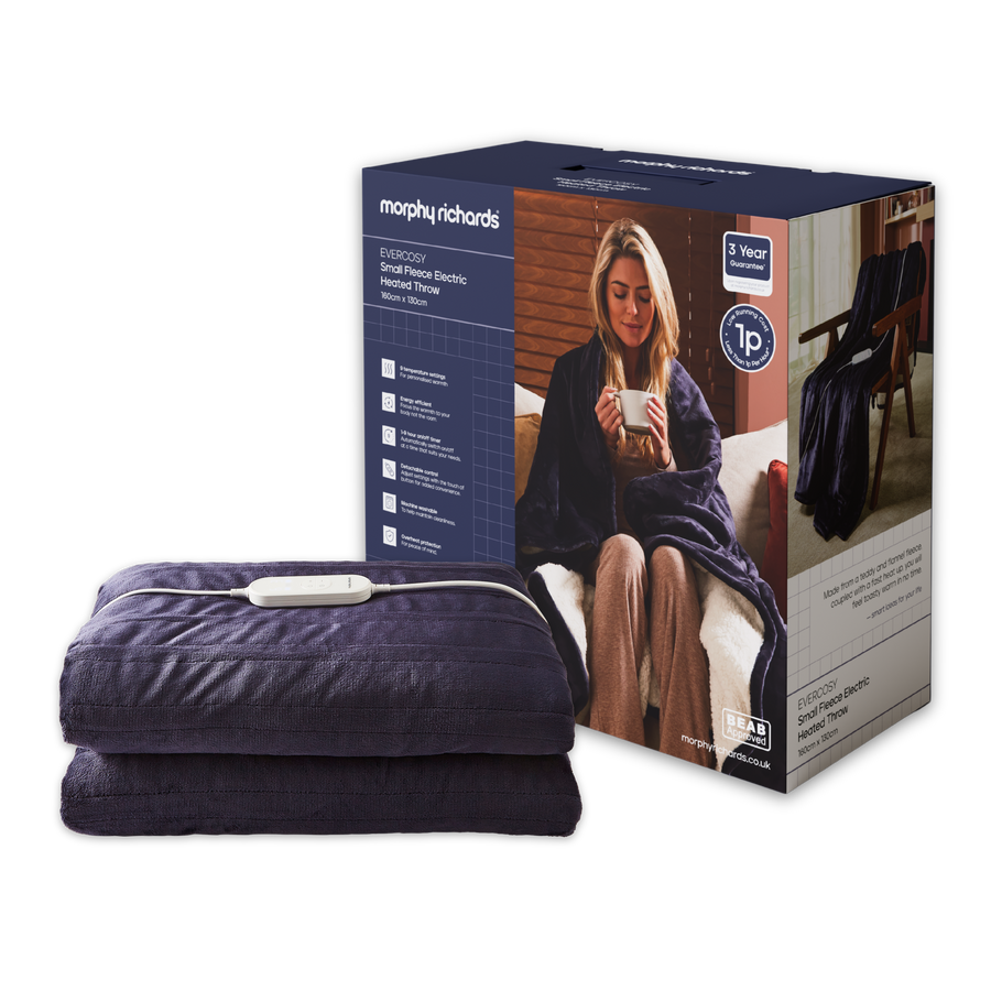 blue heated throw in front of box