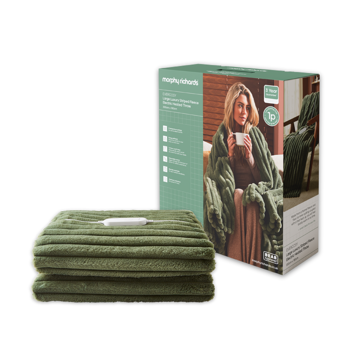 EverCosy Large Luxury Striped Fleece Electric Heated Throw - Green