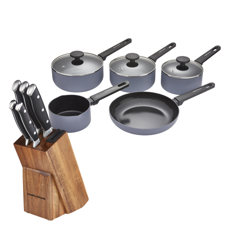 5 Piece Knife Block Set With Sharpener and 5 Piece Recycled Aluminium Saucepan Set