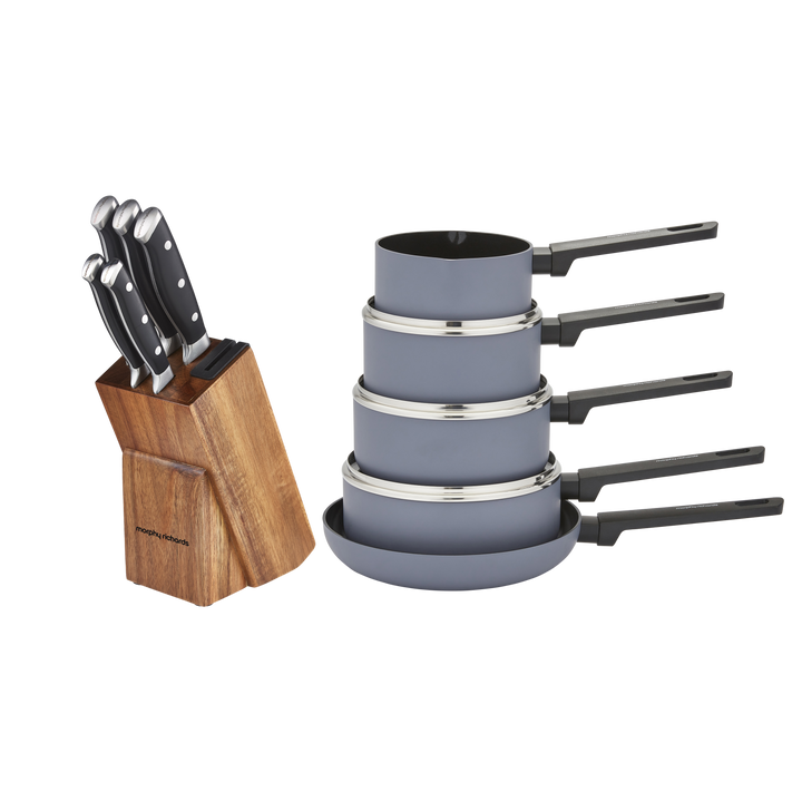 5 Piece Knife Block Set With Sharpener and 5 Piece Recycled Aluminium Saucepan Set