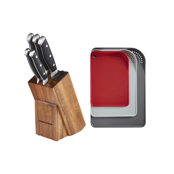 5 Piece Knife Block Set With Sharpener and 3x Chopping Board Set