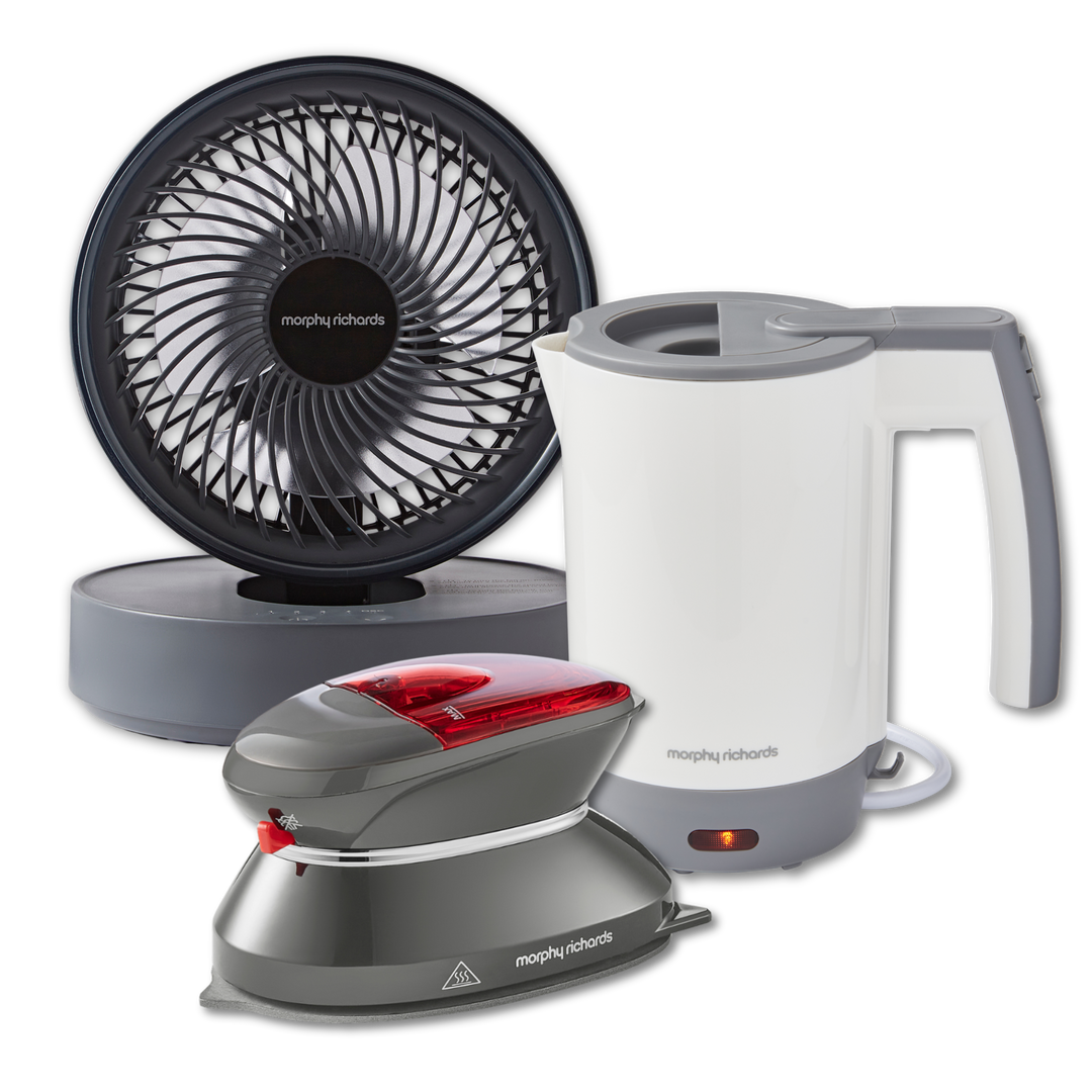 Travel Kettle, Travel Iron and Grey Air Flex 6” Portable Oscillating USB Fan Set