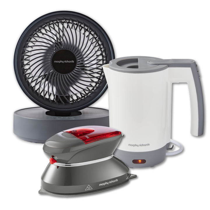 Travel Kettle, Travel Iron and Grey Air Flex 6” Portable Oscillating USB Fan Set