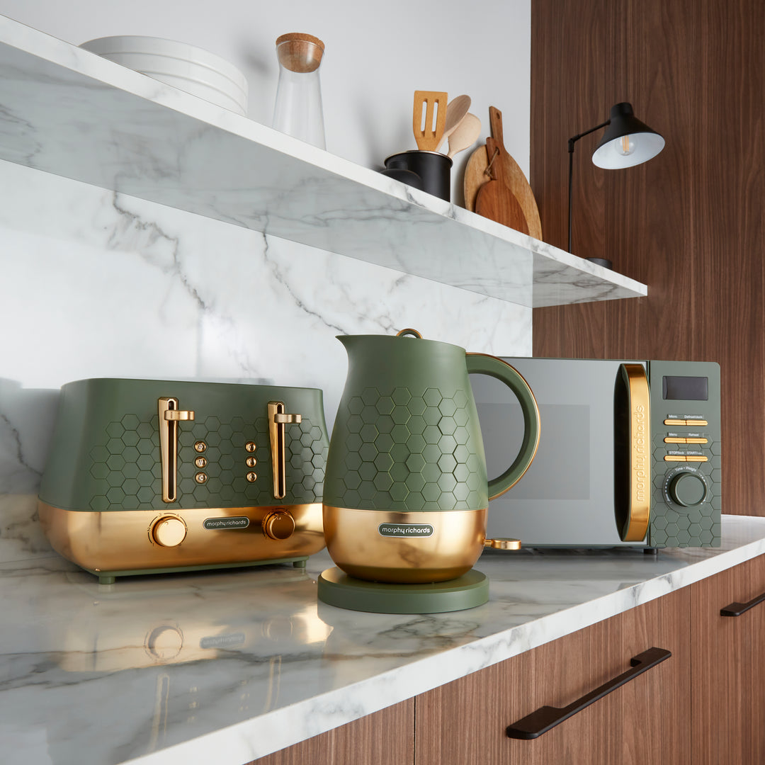 Morphy Richards green kettle, toaster and microwave set