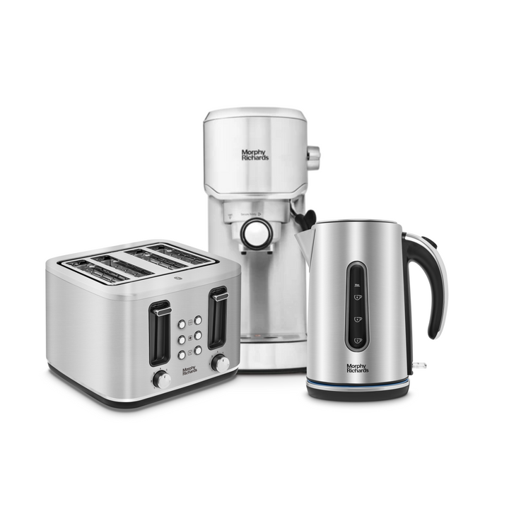 Motive Brushed Steel Kettle, Toaster & Stainless Steel Compact Espresso Machine Set