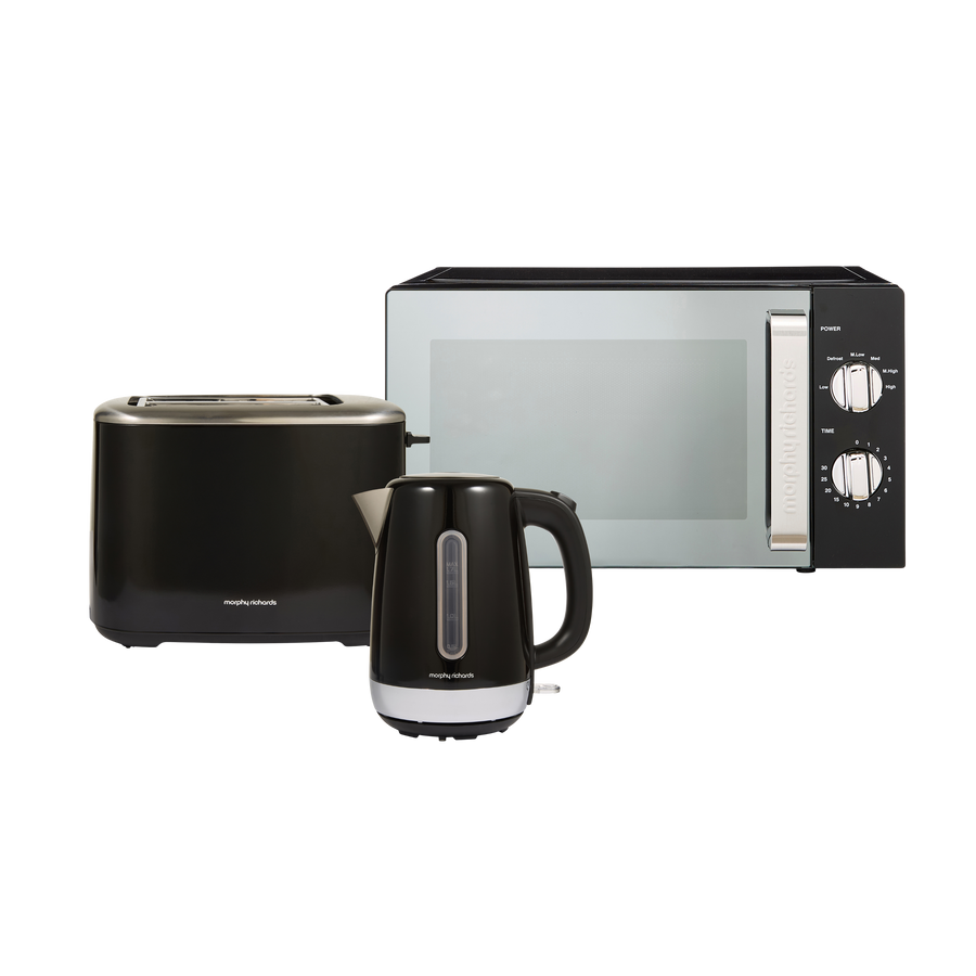 kettle toaster and microwave set in black