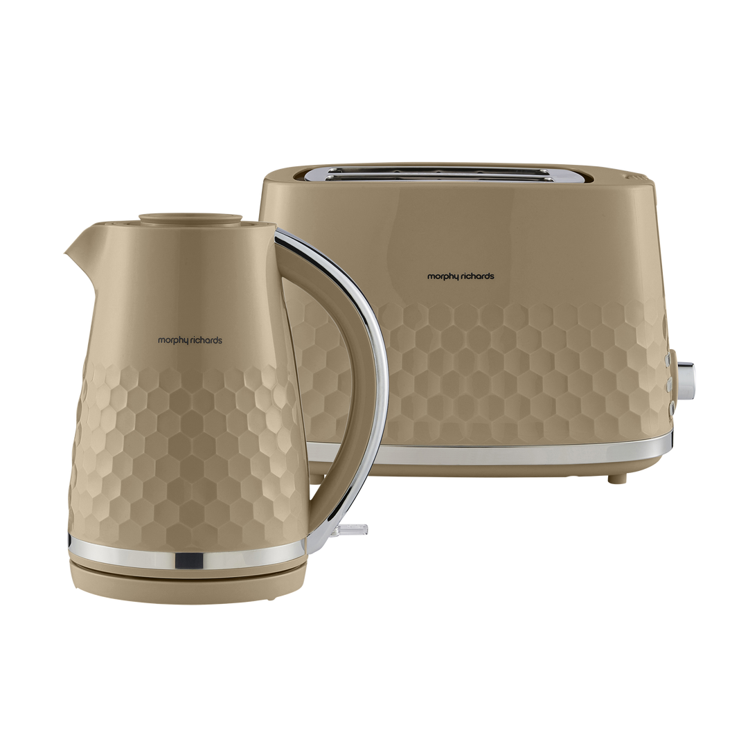 beige kettle and toaster set on white background