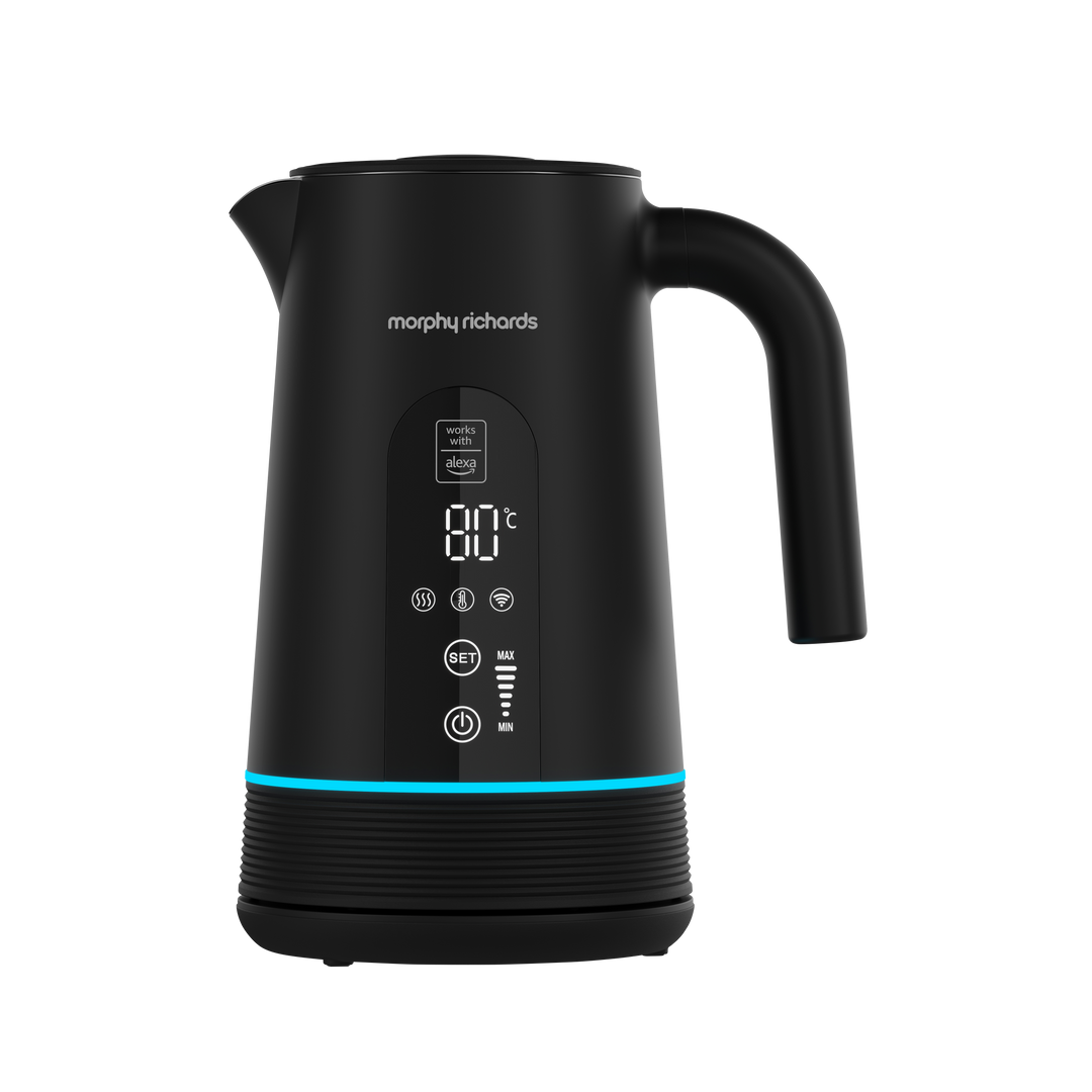 Black Morphy Richards Alexa kettle with digital display on a white background