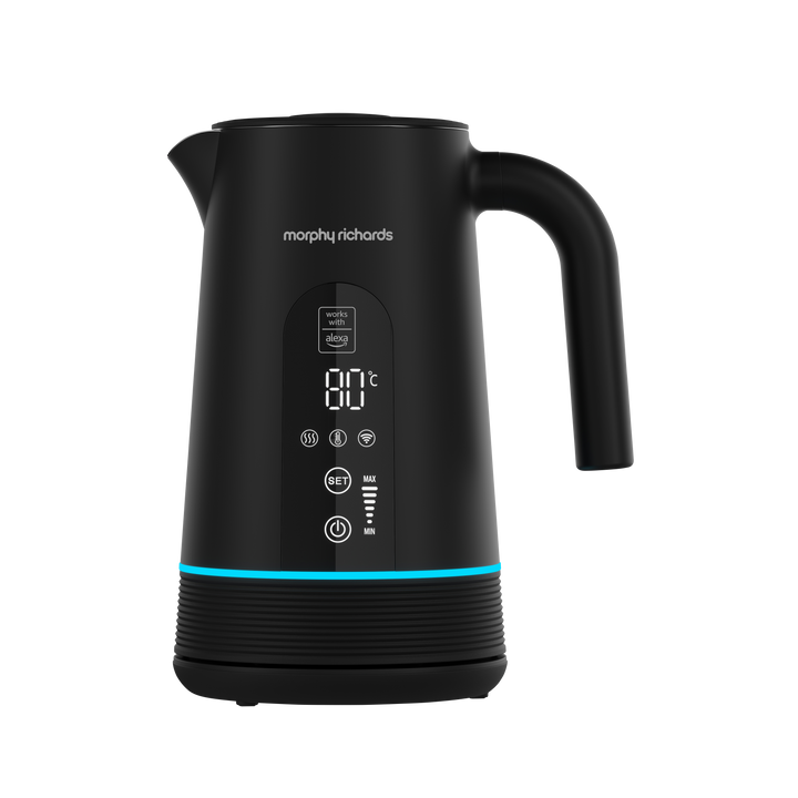 Black Morphy Richards Alexa kettle with digital display on a white background