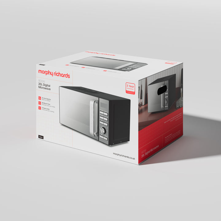 20L 800W Digital Microwave with Mirror Door - Black & Silver