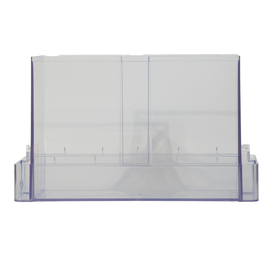 Clear plastic display case with purple frame on a white background