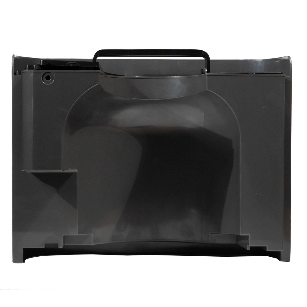 Black plastic container with a handle on a white background