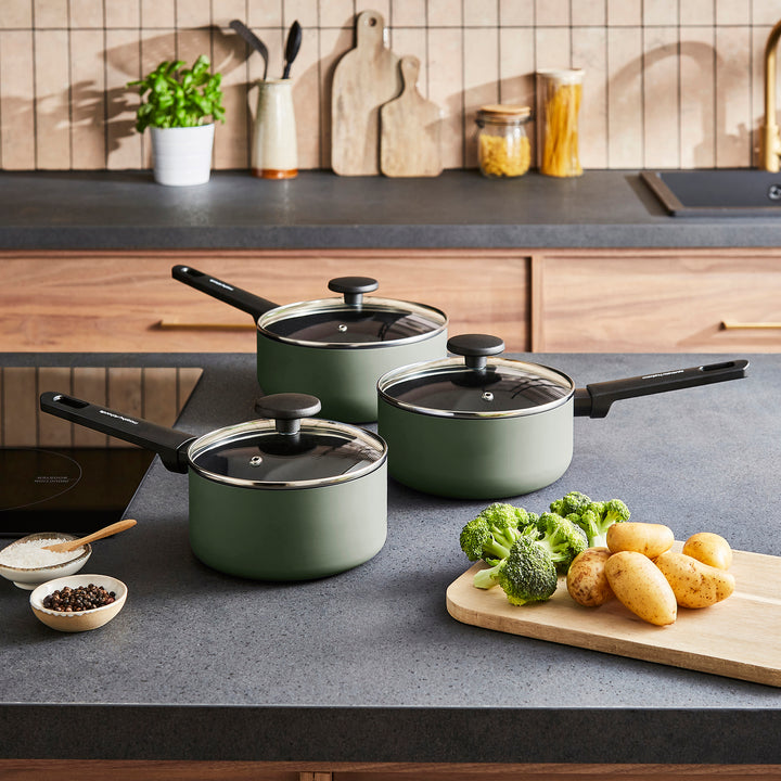 3 Piece Recycled Aluminium Saucepan Set - Green