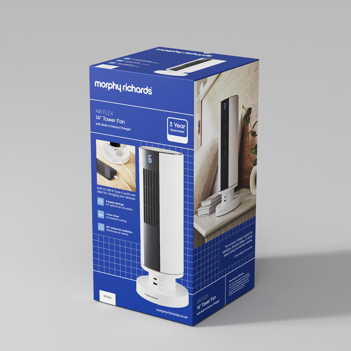 Air Flex 14" Tower Fan with Built-In Device Charger - White