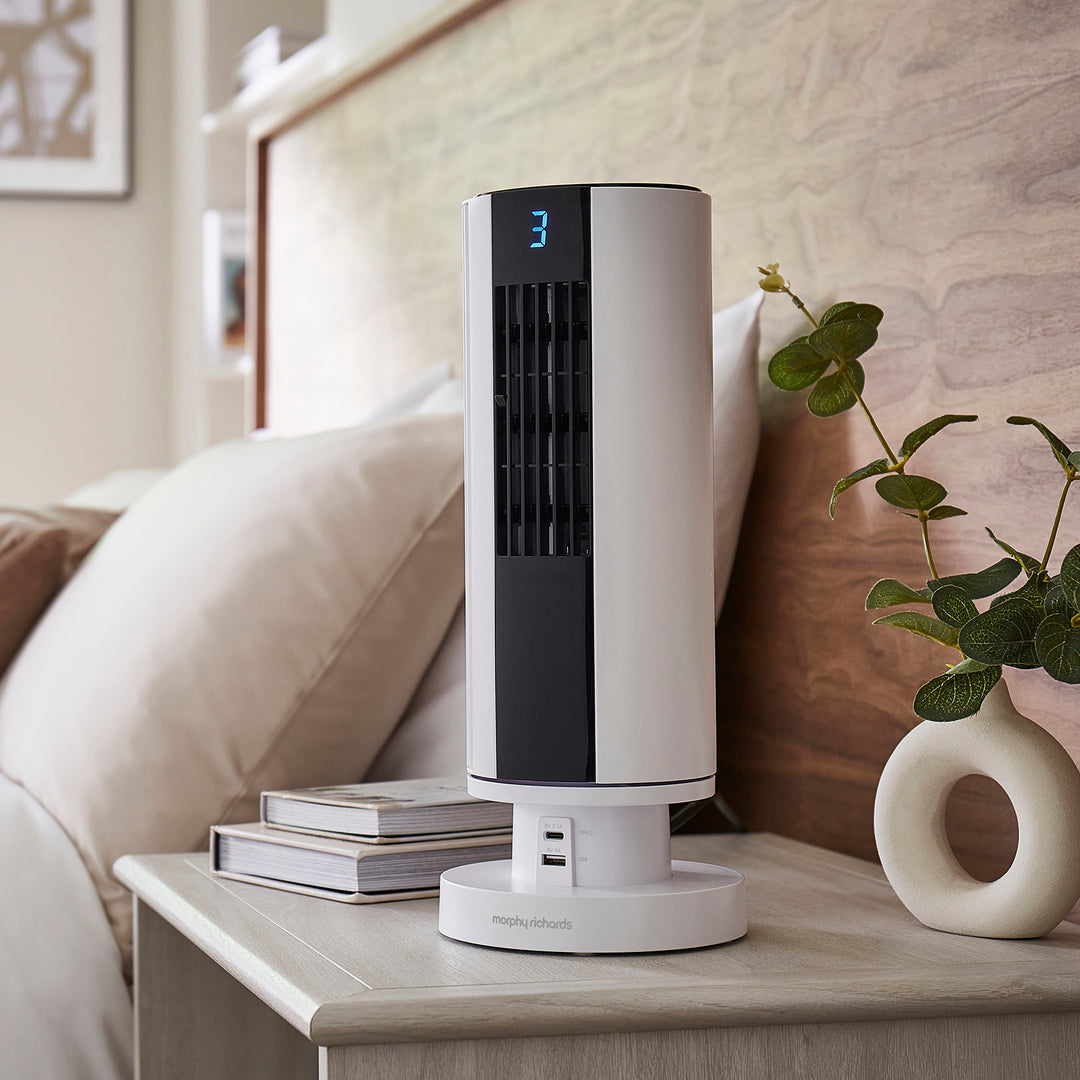 Air Flex 14" Tower Fan with Built-In Device Charger - White