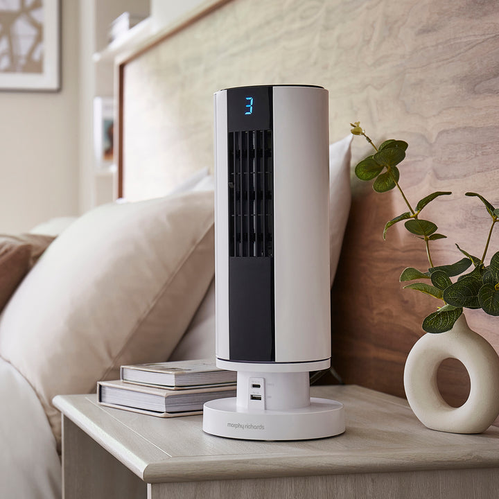 Air Flex 14" Tower Fan with Built-In Device Charger - White