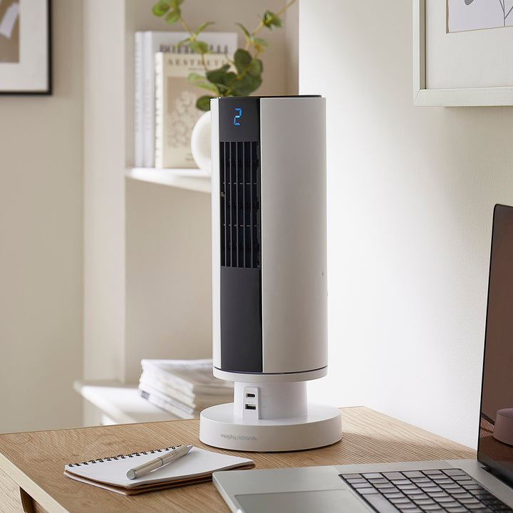 Air Flex 14" Tower Fan with Built-In Device Charger - White