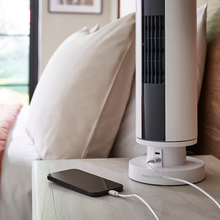Air Flex 14" Tower Fan with Built-In Device Charger - White