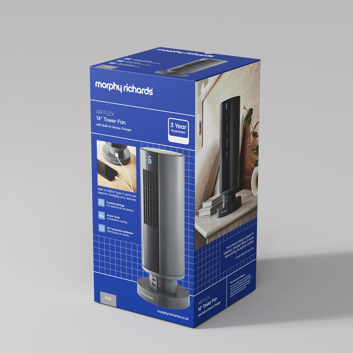 Air Flex 14" Tower Fan with Built-In Device Charger - Grey