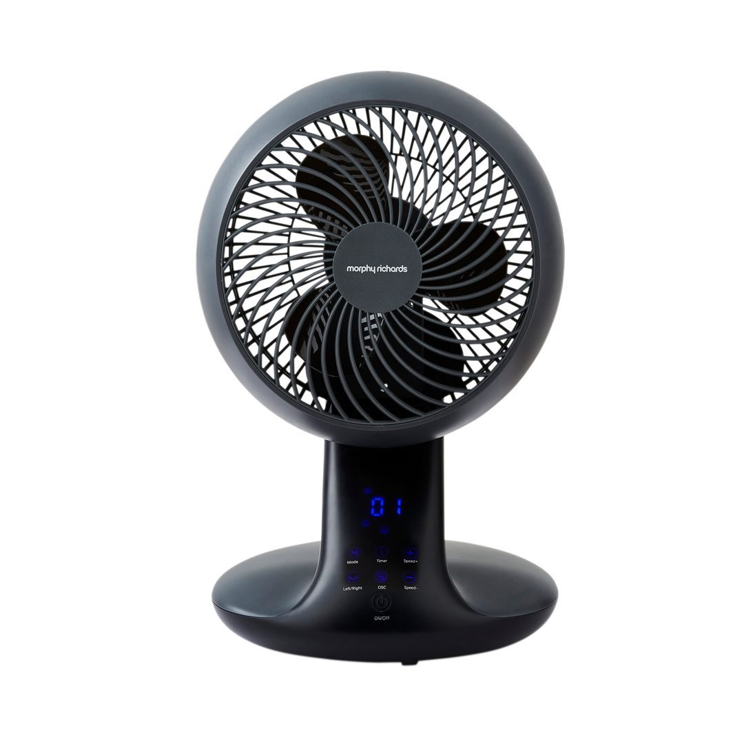 Black fan with digital display on a white background