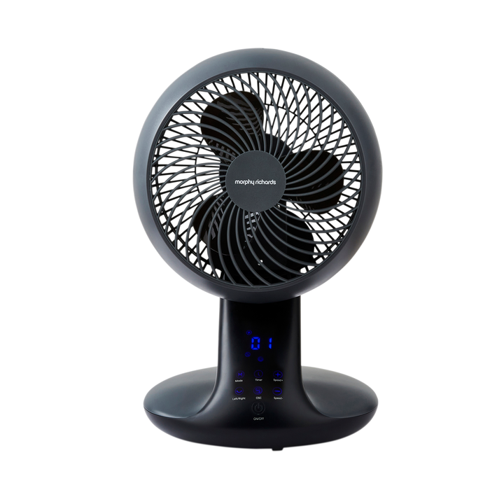 Black fan with digital display on a white background