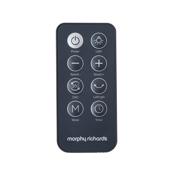 Black remote control with white icons and text on a white background