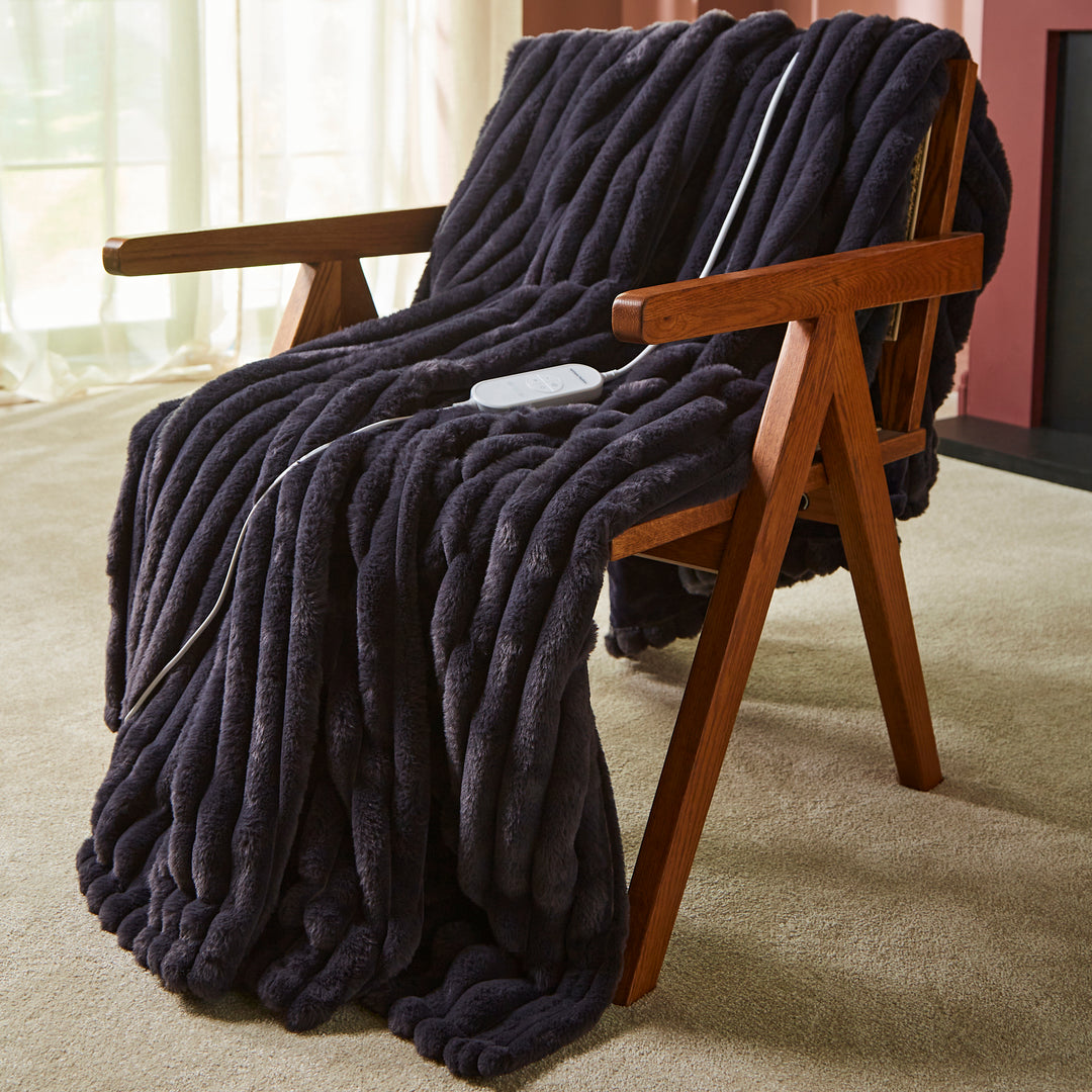 EverCosy Small Luxury Striped Fleece Electric Heated Throw - Navy