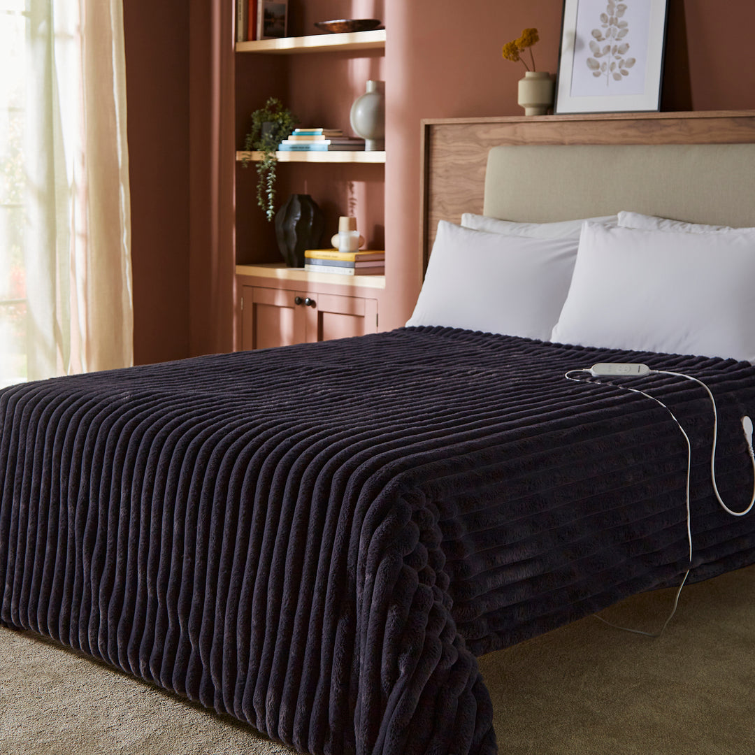 EverCosy Small Luxury Striped Fleece Electric Heated Throw - Navy
