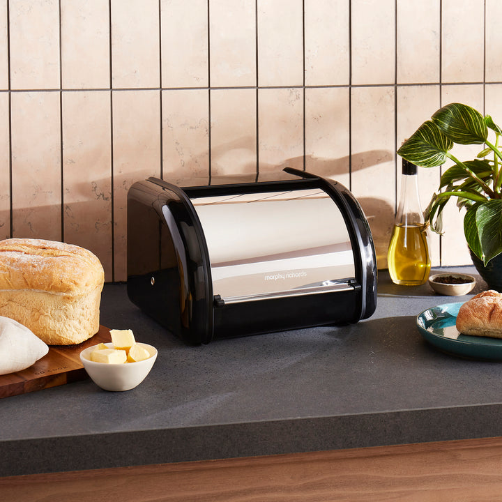 Equip Black 3 Storage Canisters and Compact Roll Front Bread Bin