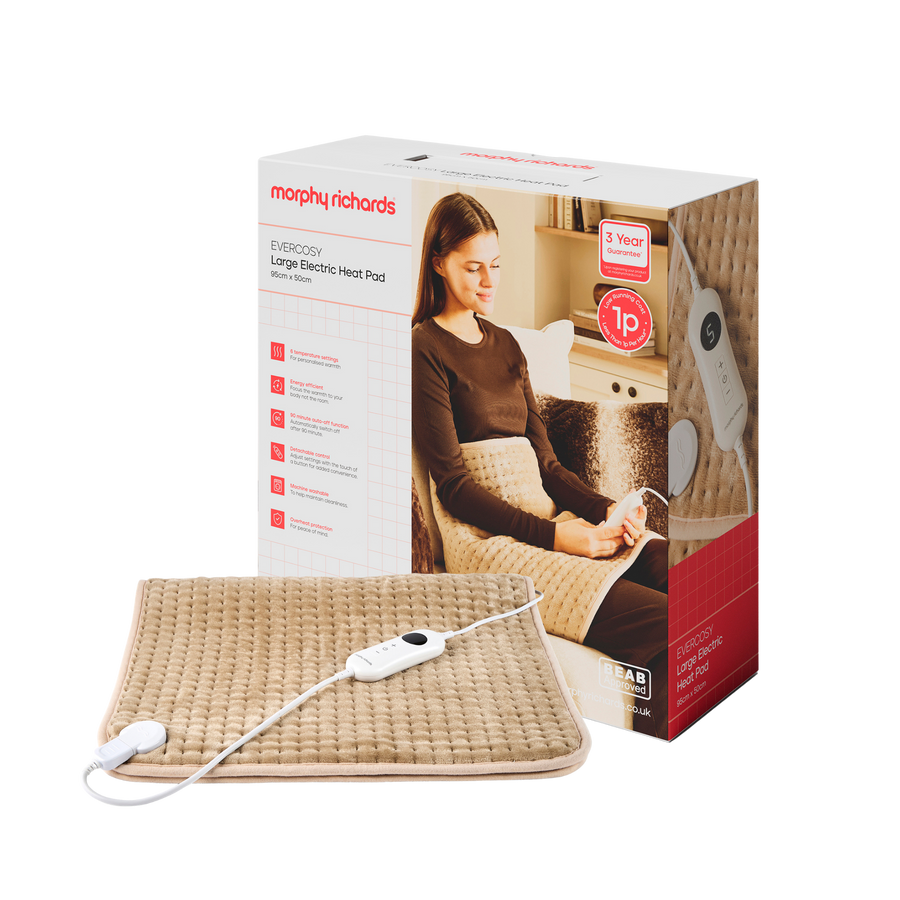 Morphy Richards large electric heat pad with packaging on a white background