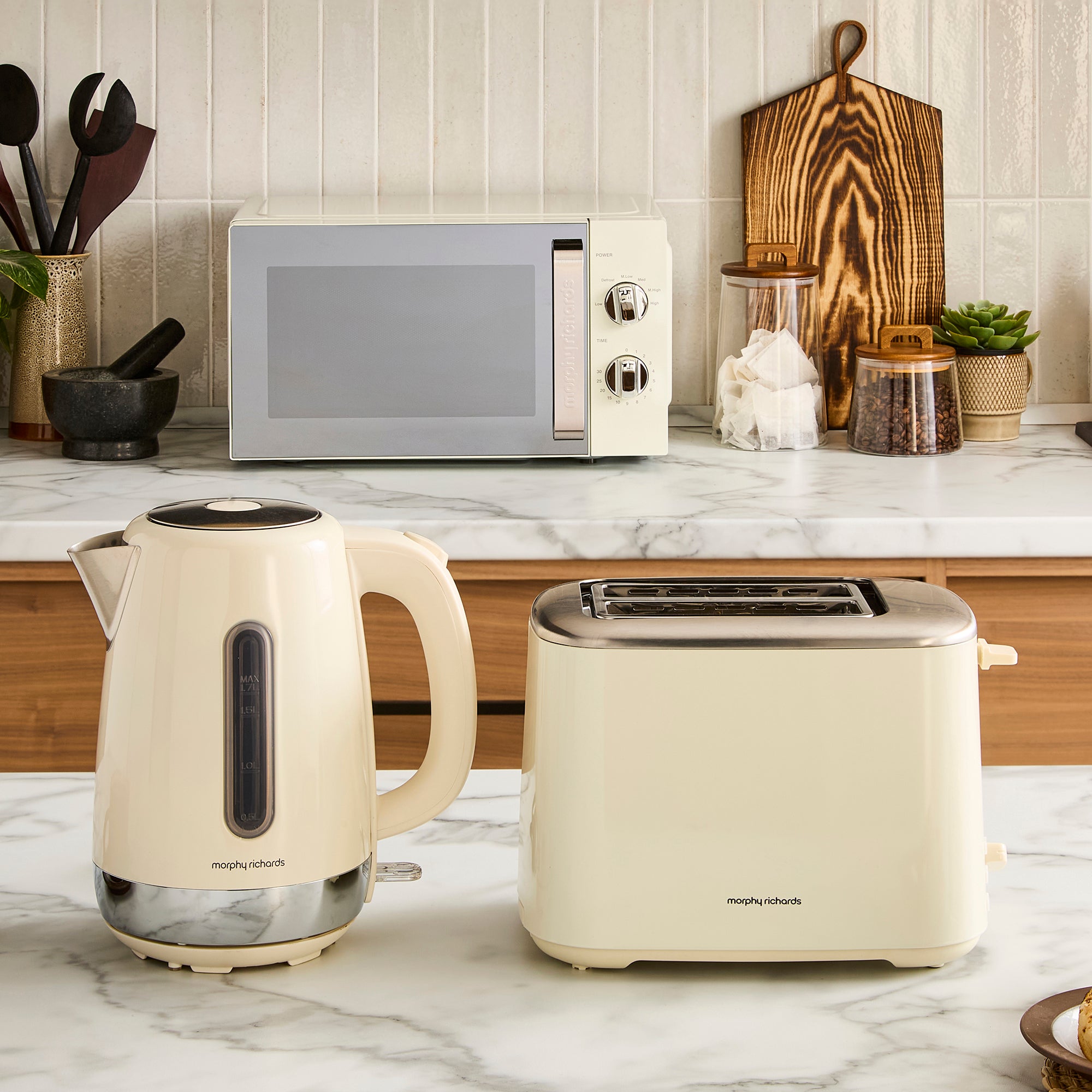 cream microwave on kitchen counter