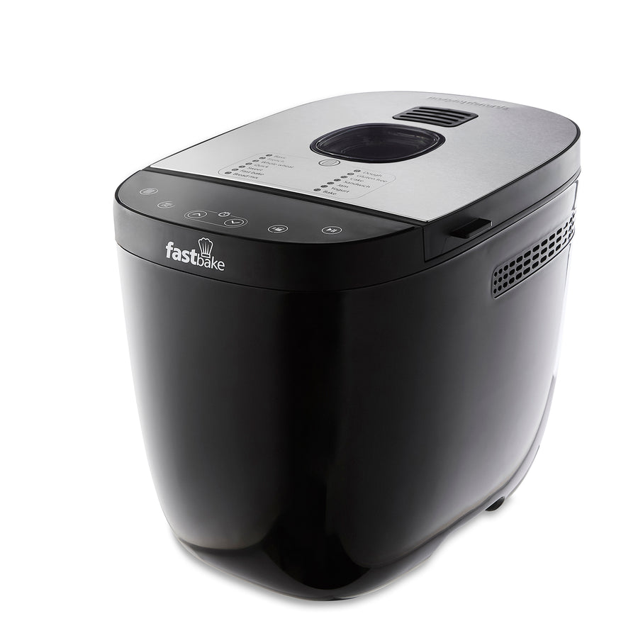 Black bread maker with 'fast bake' branding on a white background