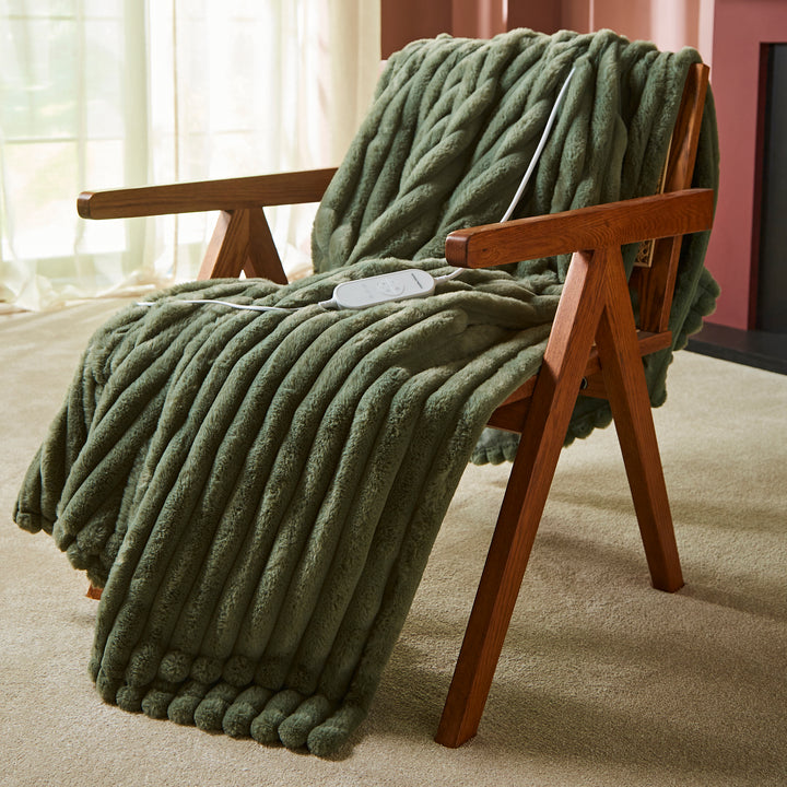 EverCosy Large Luxury Striped Fleece Electric Heated Throw - Green