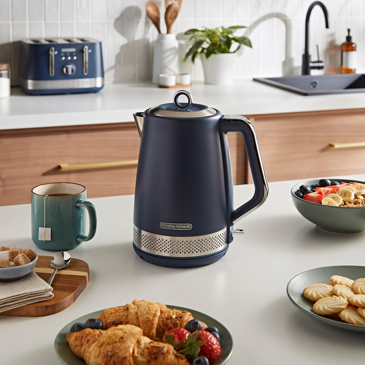 blue kettle on kitchen worktop