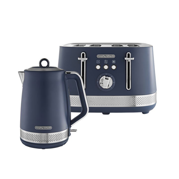 Navy blue kettle and toaster set on a white background