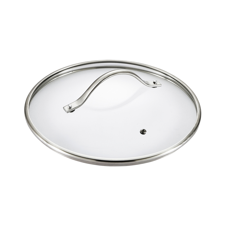 Clear glass lid with silver rim on a white background