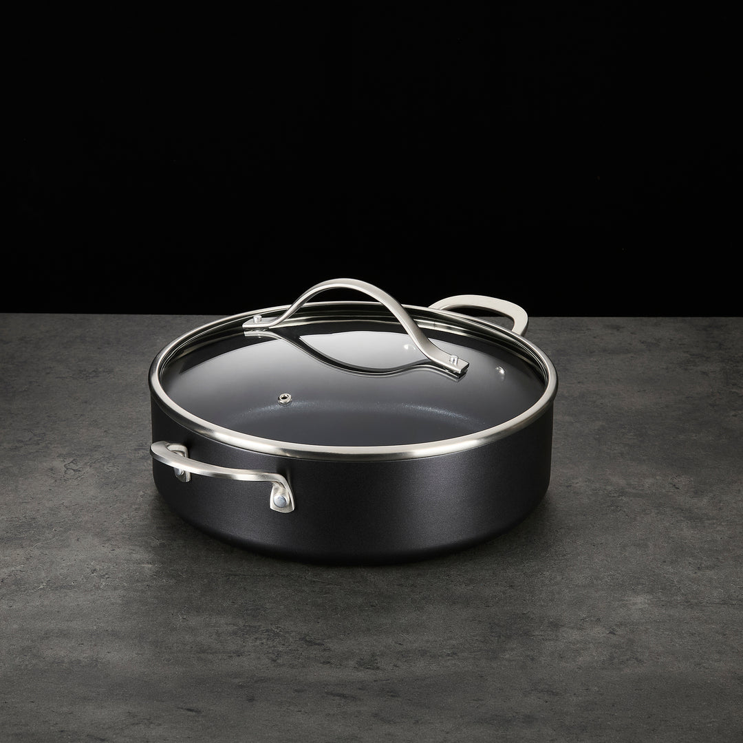 28cm Aluminium Non-Stick Shallow Casserole Dish on a granite countertop